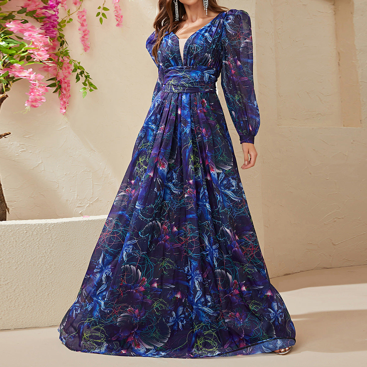 Robe longue en mousseline de soie à manches longues et col en V, bleu foncé, manches bouffantes, robe de vacances