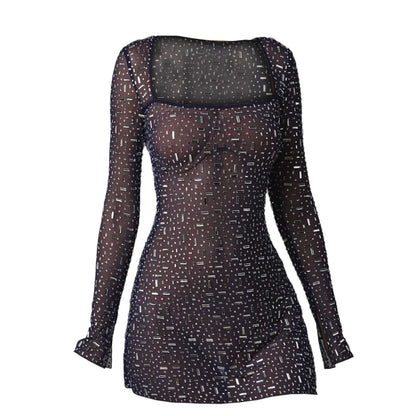 Meilleurs vêtements pour femmes, paillettes, strass, Sexy, Semi-transparent, manches longues, robe courte