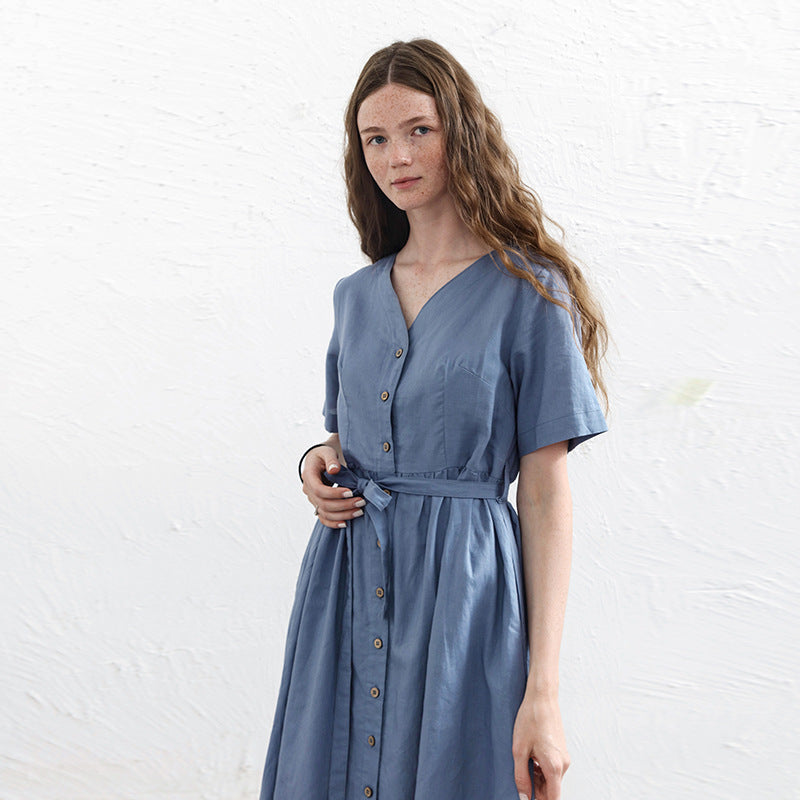 Niche Cotton Linen Short Sleeve A line Dress Spring Summer Women Clothing V neck Single Row Button Maxi Dress