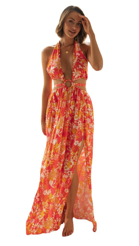 Women V-neck Printing Slip Dress Sexy Split Maxi Dress