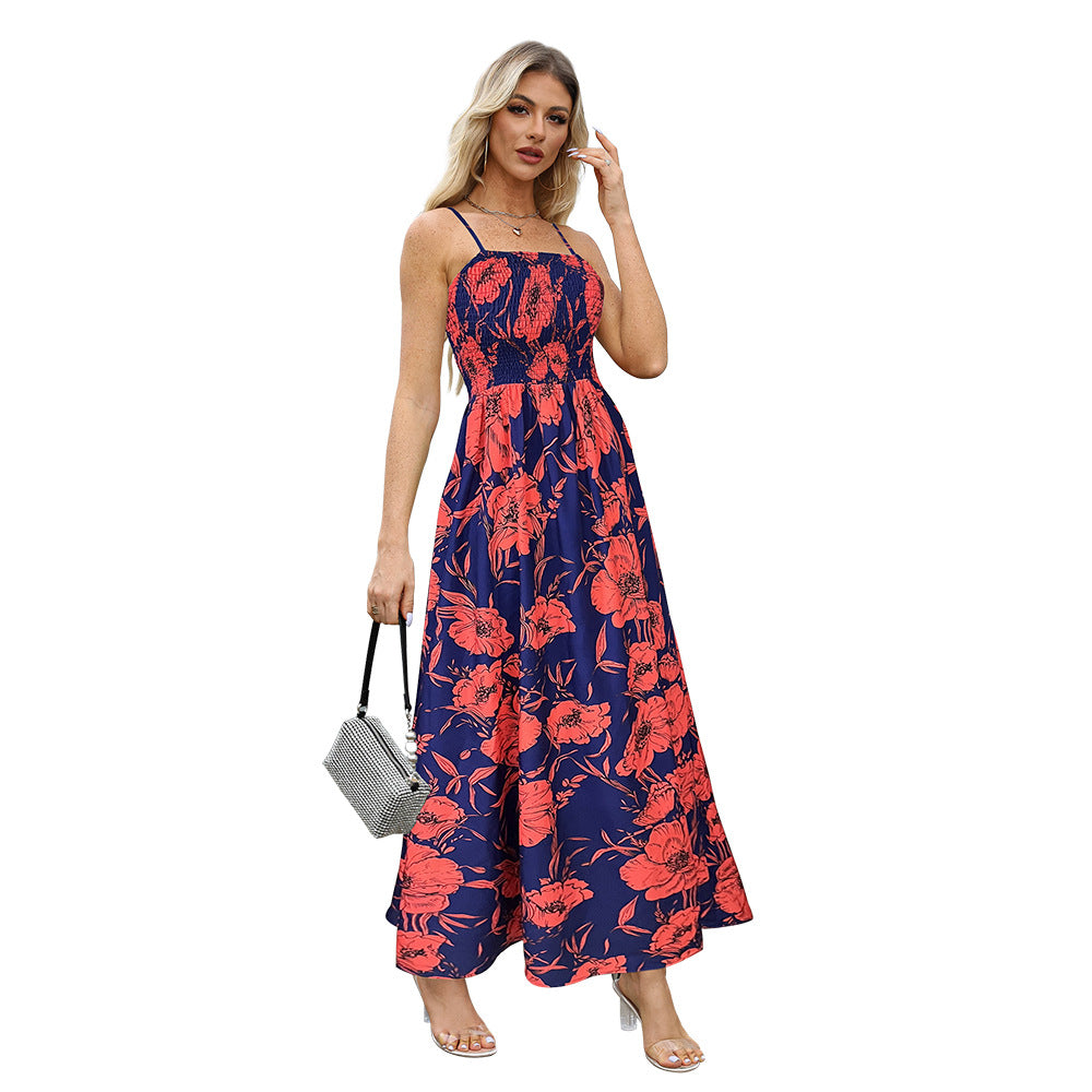 Women Clothing Sexy Suspender Printed Backless High Waist Long Dress