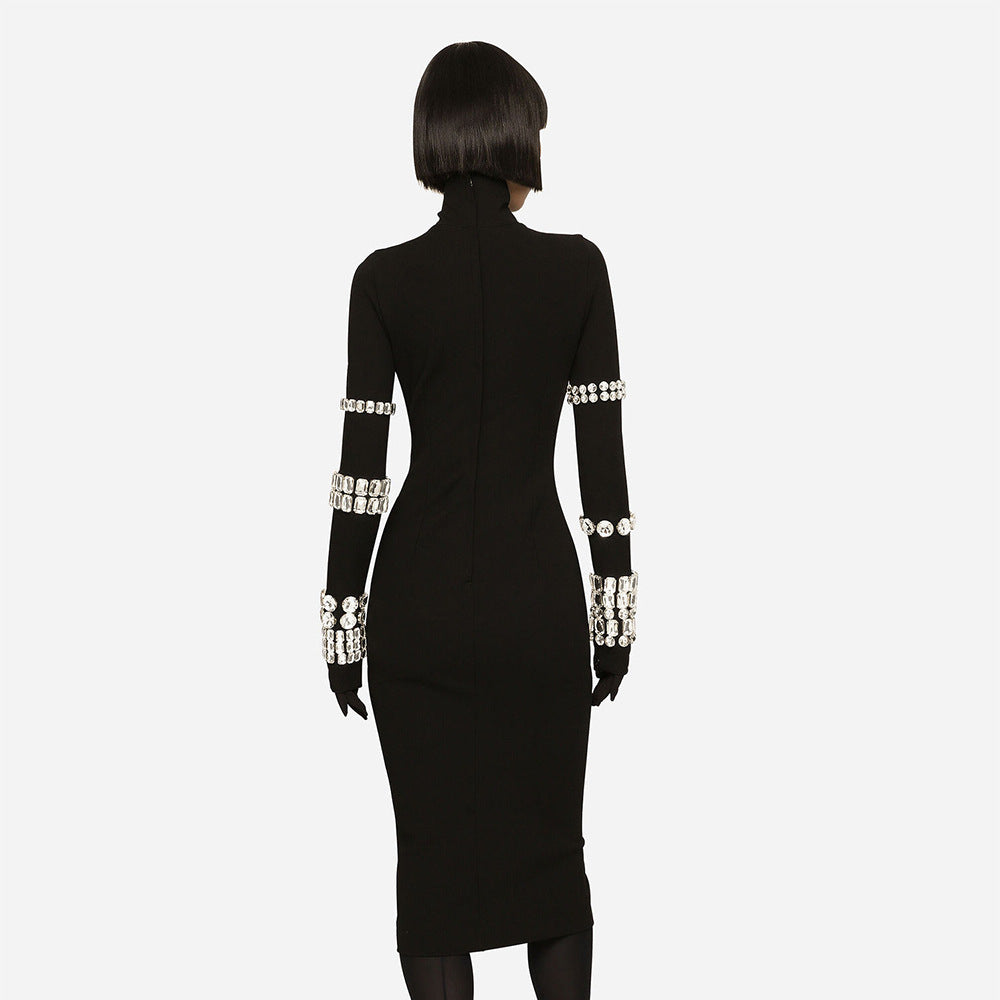 Autumn Winter Heavy Industry Beads Turtleneck Bandage Dress Slim Sheath Long Sleeve Knitted Dress