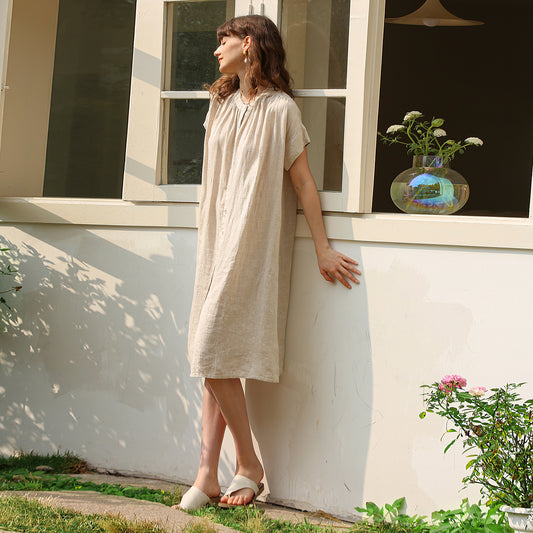 Casual Summer Pure Linen Short Sleeve Dress Pleated Shoulder Short Sleeve Dress Simple Pleated Dress Women