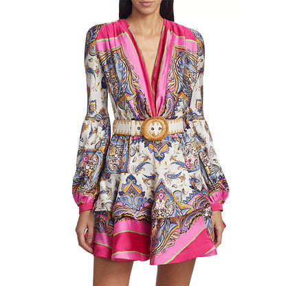 Bohemian Printed Ruffled Dress Summer V Neck Lantern Sleeve Waist Slimming Short Dress Women