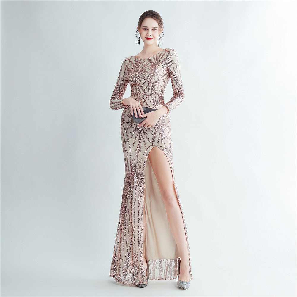 Sequined Long Sleeve Split High End Evening Dress