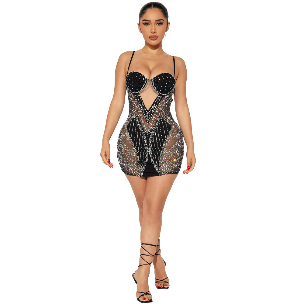 Vestido sexy transparente con tirantes y diamantes de imitación para fiesta o discoteca para mujer