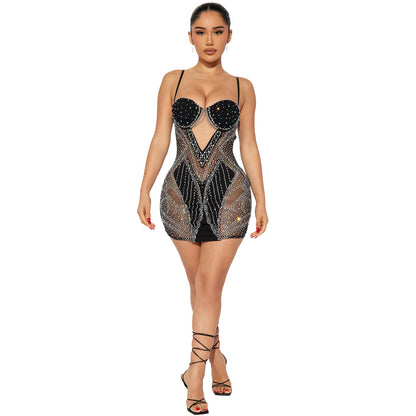 Robe fourreau sexy transparente à strass pour soirée, boîte de nuit, pour femmes