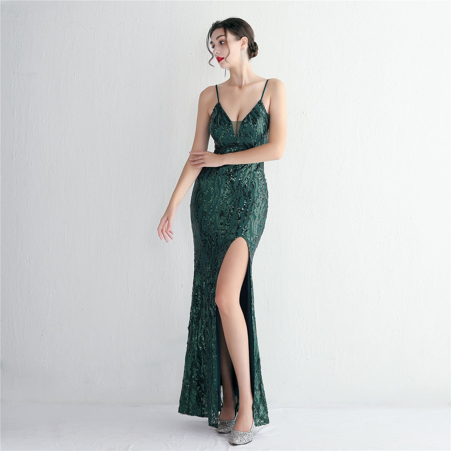 Sequined Long Camisole Gown Cocktail Slim Fit Evening Dress Elegant Stunning Fishtail