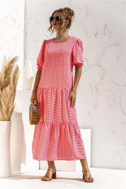 Spring/Summer Puff Sleeve Polka Dot Plaid Loose Stitching Dress Maxi Dress