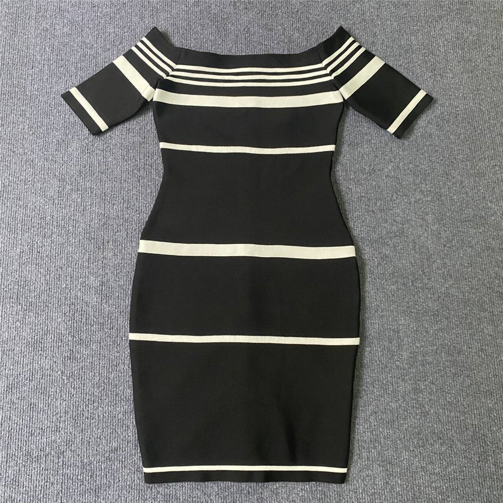 Sexy Off Shoulder Contrast Color Striped Bandage Dress Ladies Party Cocktail Dress Dress