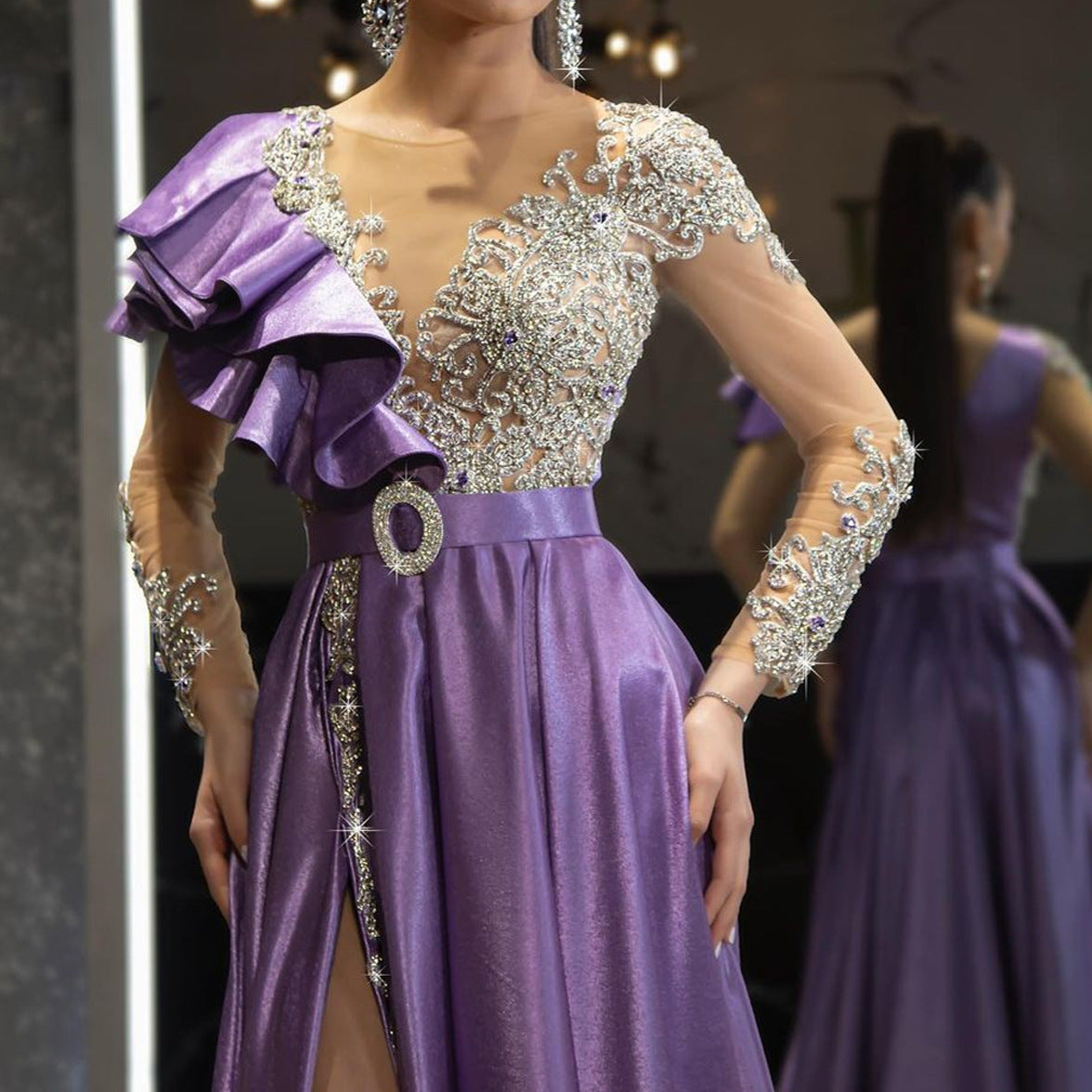 Vestido de noche de primavera para mujer, vestido de satén dorado y morado con apliques