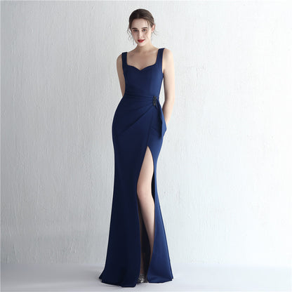 Satin Beaded Long Slit Debutante Gala Dinner Slim Fit Fishtail Dress Wedding Car Model Exhibition Dress