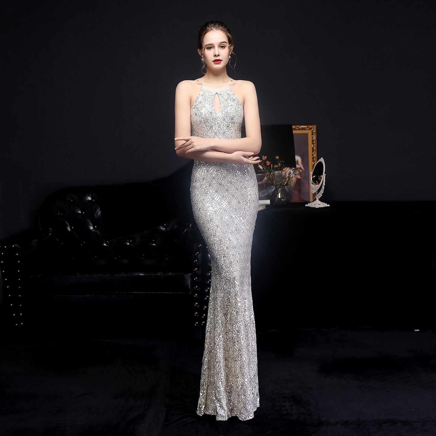 Cocktail Elegant Long Halter Set Diamond Sequined Aura Queen Fishtail Evening Dress