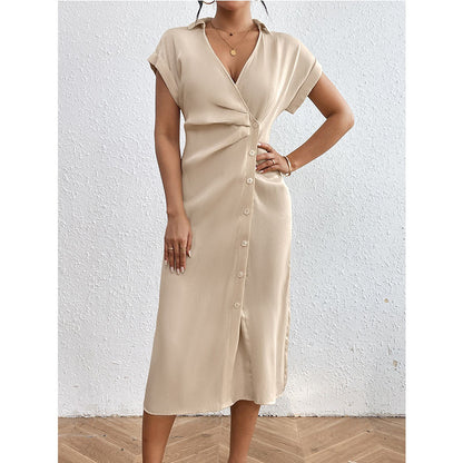 Robe Maxi à manches courtes pour femmes, vêtement amincissant, col Polo, décolleté en V profond, manches courtes, boutons