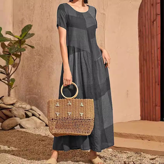 Robe Maxi d'été Vintage, taille ample, poches, décontractée, imprimé à carreaux, coutures, vêtements pour femmes