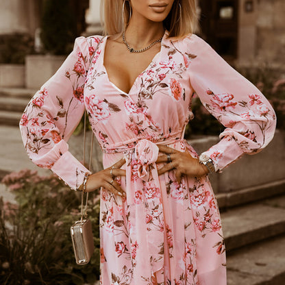 Vestido de manga larga con estampado floral para primavera y verano, vestido bohemio que adelgaza la cintura