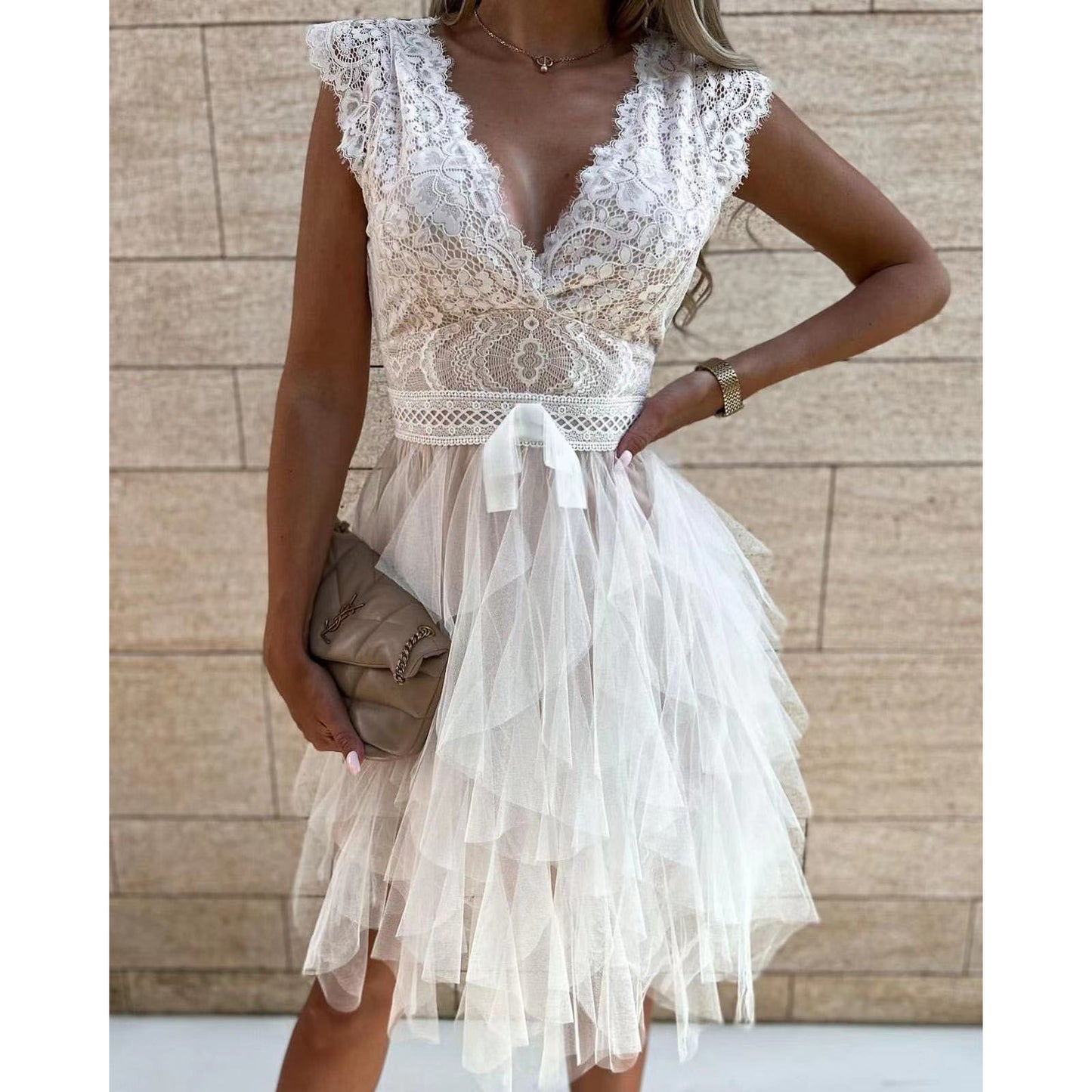 Spring Summer Sexy V neck Lace Stitching Dress Casual Short Sleeve Dress