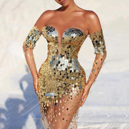 Robe d'été pour femme, robe de soirée longue, sexy, transparente, en maille, à paillettes, épaules dénudées