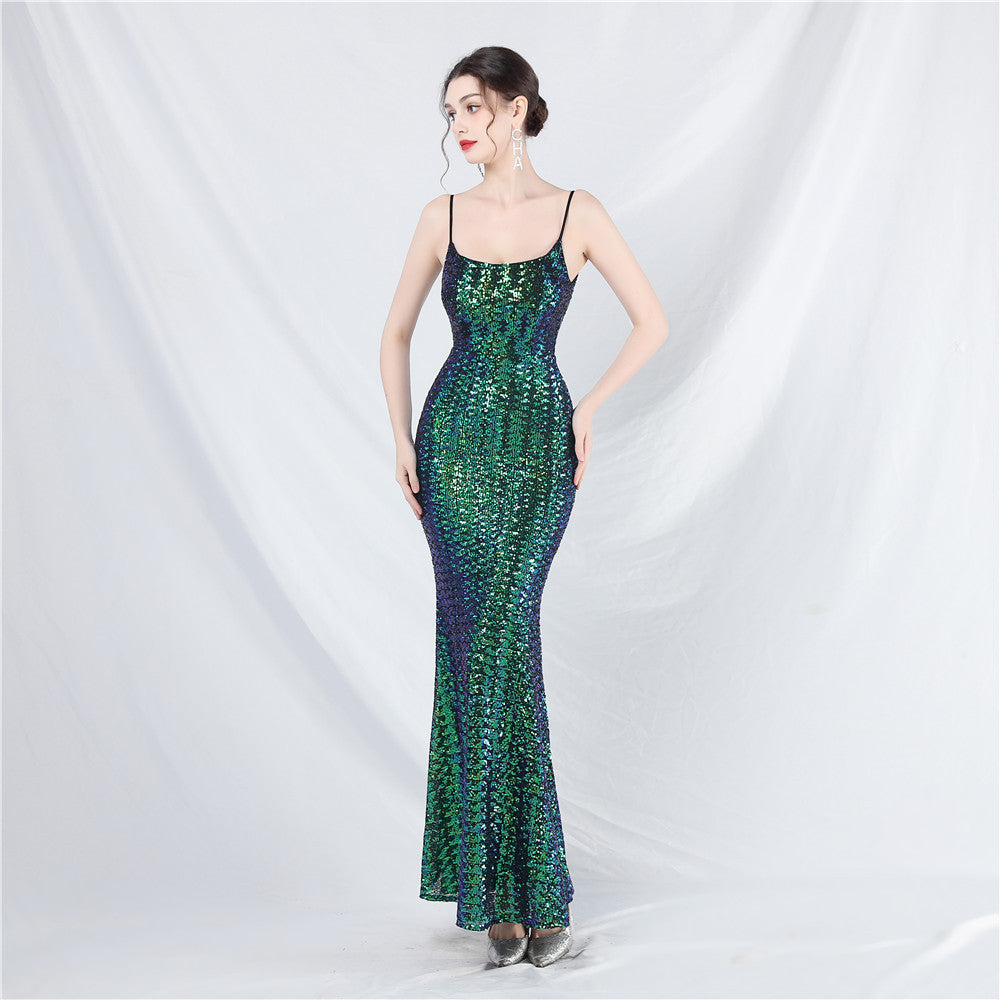 Women Colorful Sequin Suspender Evening Dress