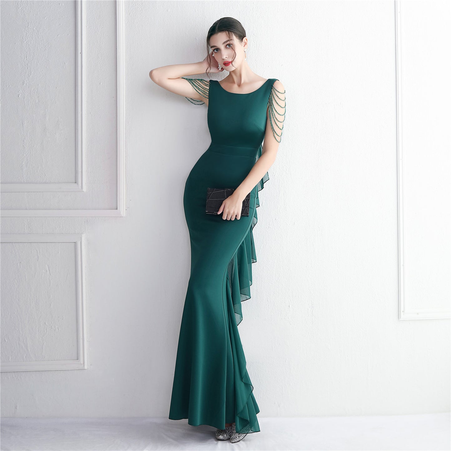 Chiffon Satin Cloth Craft Beaded Long Cocktail Slim Fit Evening Dress Elegant Long Annual Meeting Host