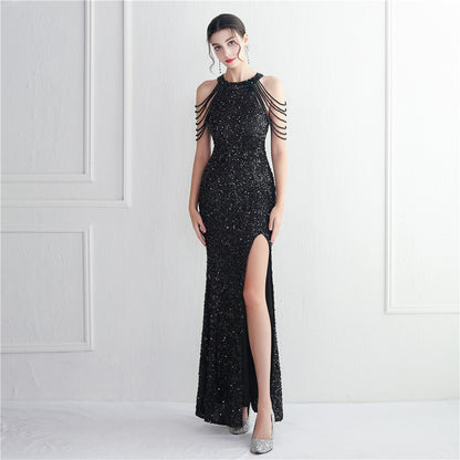 Heavy Industry Micro Glass Bead Craft Beaded Cocktail Evening Dress Elegant Long Halter Split Sequ