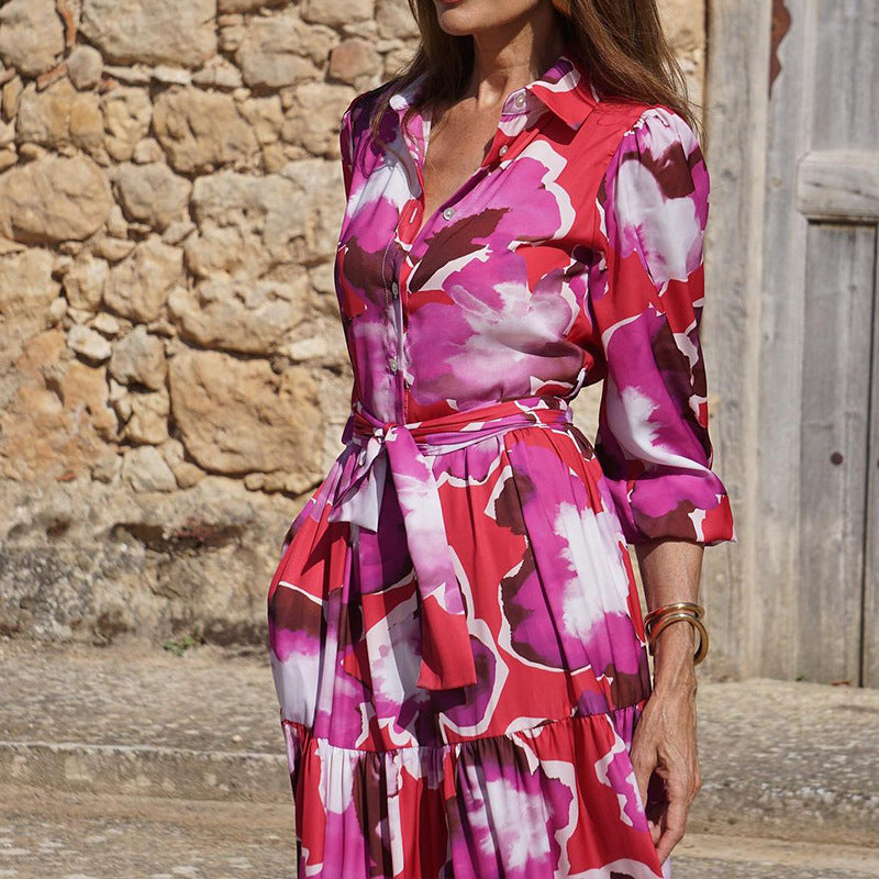 Vestido de mujer de otoño con cuello estampado y manga larga de longitud media