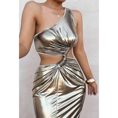 Summer Sexy Oblique Shoulder Cropped Outfit Hollow Out Cutout Faux Metallic Coating Dress Women