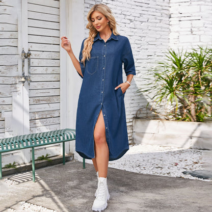 Women Clothing Washed Casual Denim Dress Short Sleeve Dress