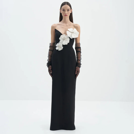 Robe bustier tubulaire noire à fleurs, noyau de diamant fendue, épaules dénudées, vêtements pour femmes, printemps été