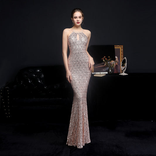 Cocktail Elegant Long Halter Set Diamond Sequined Aura Queen Fishtail Evening Dress