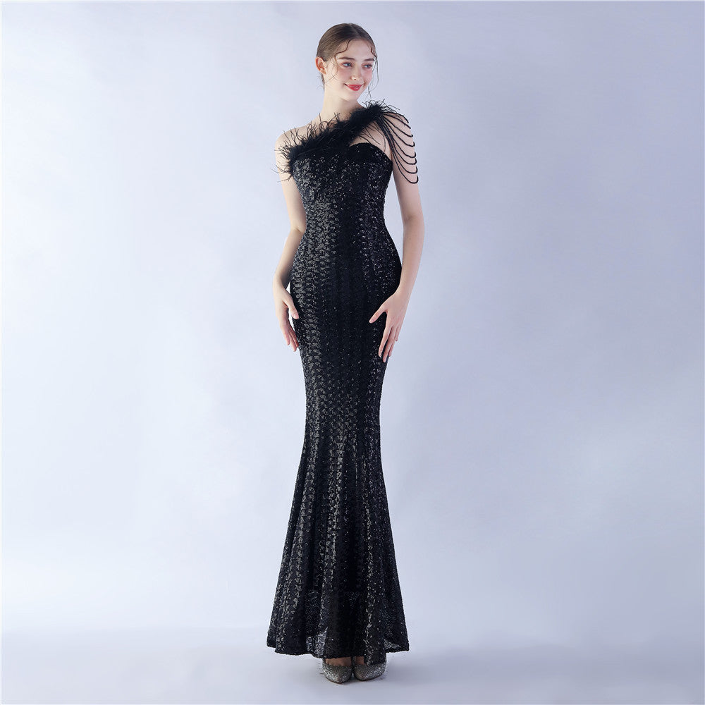 Ostrich Hair Beaded Magic Color Sequin Dinner Exhibition High End Evening Dress