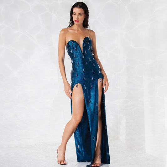 Vestido largo sexi de verano con recortes y abertura en la parte superior del tubo bronceador con diamantes de imitación ajustado y cintura ajustada