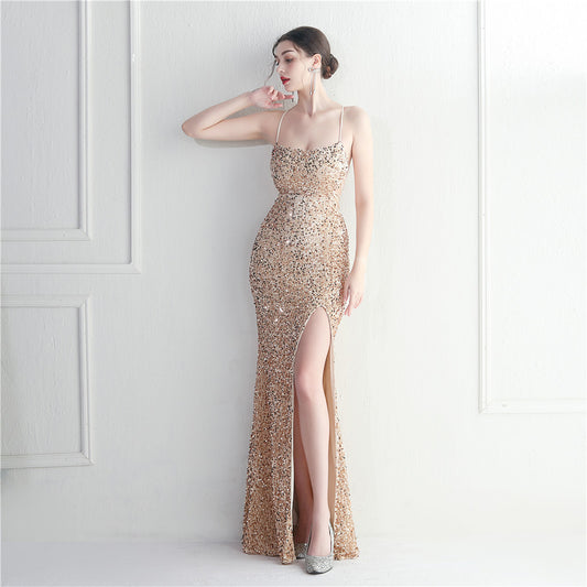 Velvet Bottom Sequin Halter Spaghetti Straps Nightclub Dress Long Fish Tail Evening Dress