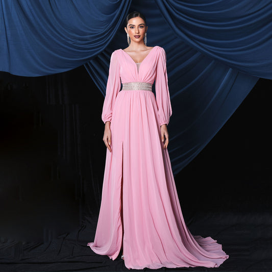 Long Sleeved Elegant V neck Sexy Long Slit Cocktail Evening Dress Bridesmaid Dress Large Swing Dress Women