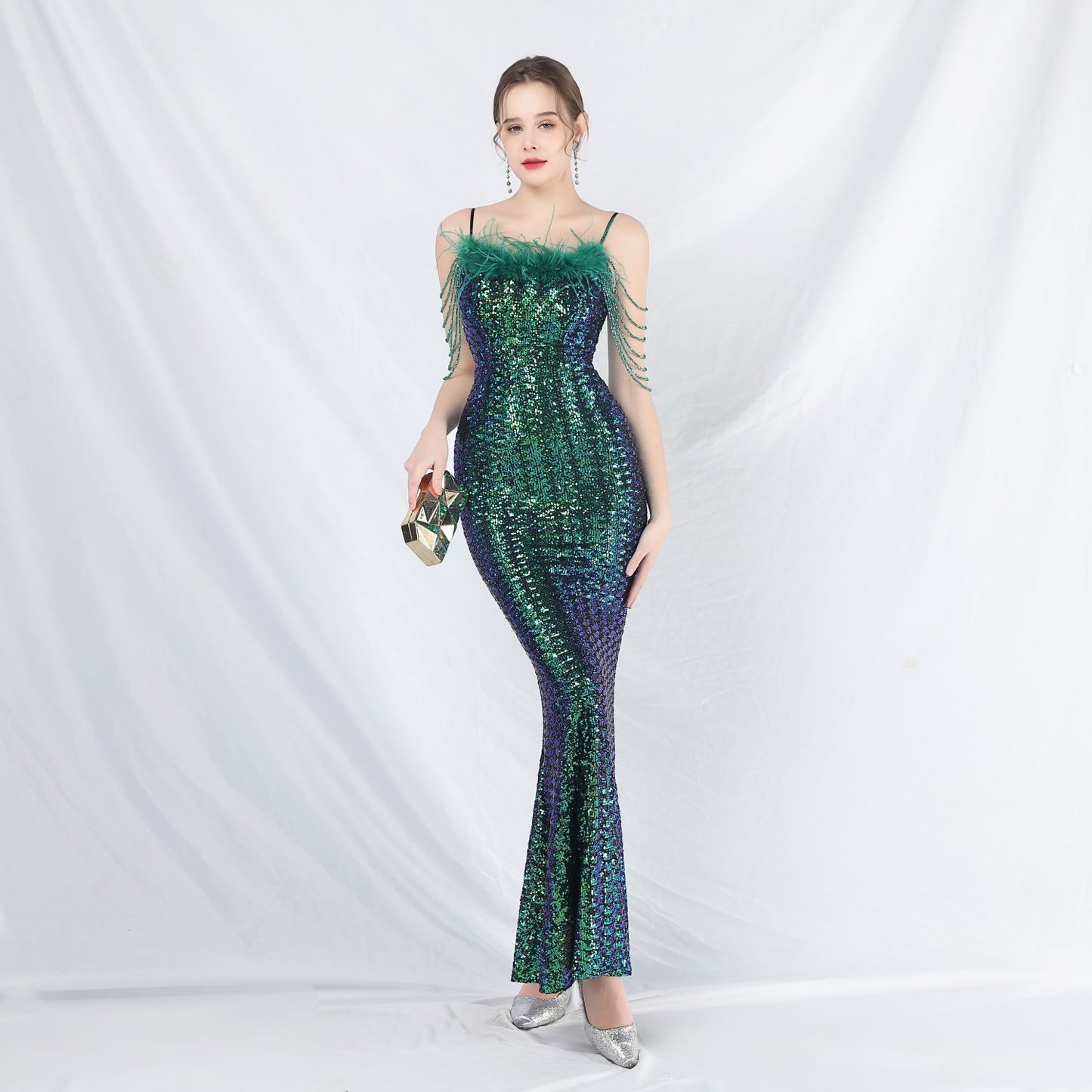 Beaded Ostrich Feather Colorful Sequin Long Evening Dress