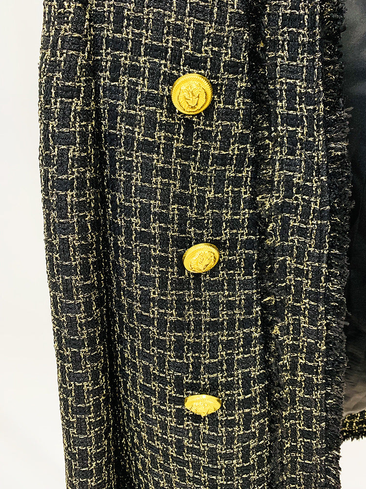 Gold Plaid Tweed Fringe Cardigan Coat