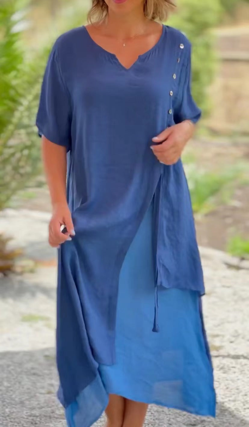 Robe asymétrique deux pièces pour femmes, col en V, manches courtes, Faux deux pièces, printemps été