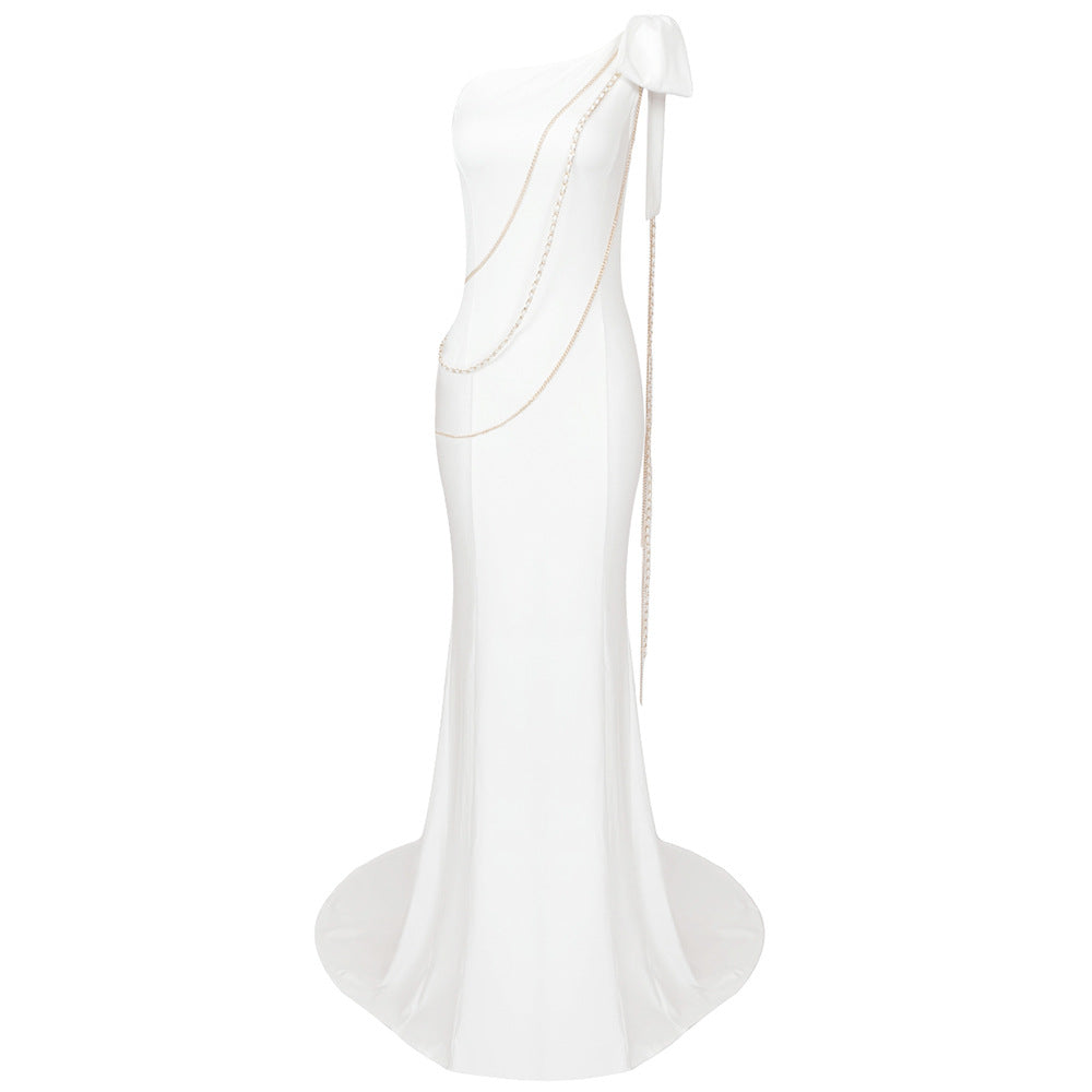 Automne blanc col diagonal chaîne épaule nœud robe femmes vêtements Cocktail robe formelle