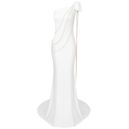 Automne blanc col diagonal chaîne épaule nœud robe femmes vêtements Cocktail robe formelle