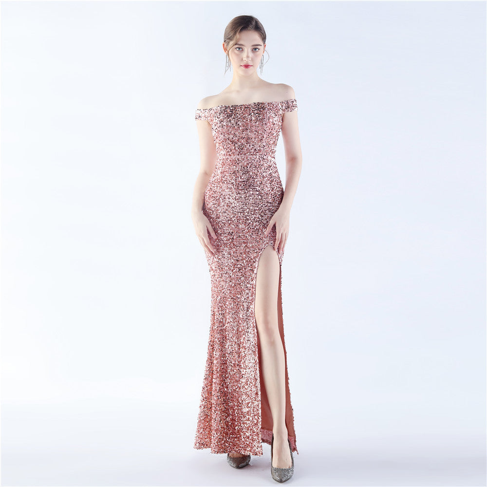 Velvet Bottom Handmade Sequin Cocktail Celebration Etiquette off Neck Evening Dress