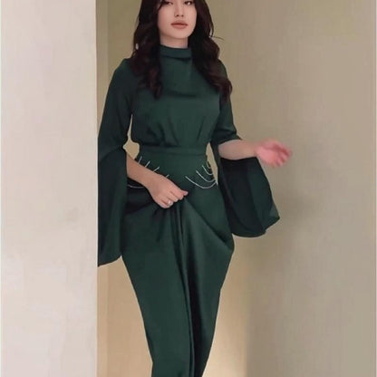 Autumn Solid Color Split Long Sleeve Belt Slim Dress