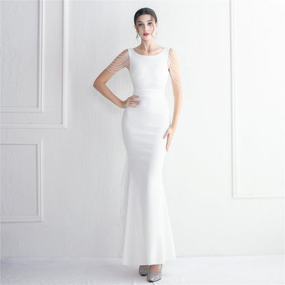 Chiffon Satin Cloth Craft Beaded Long Cocktail Slim Fit Evening Dress Elegant Long Annual Meeting Host