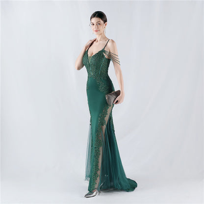 Heavy Embroidery Drilling Boning Corset Vest Lace Beaded High Fork Evening Dress