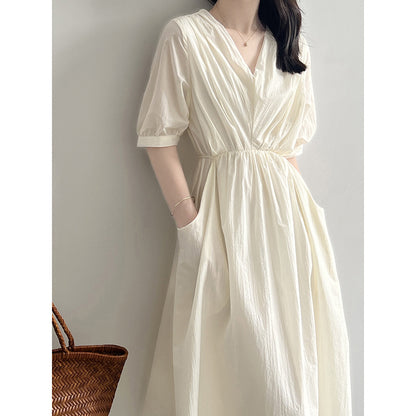 Robe plissée rétro à col en V, robe d'été élégante à lacets, taille mi-longue