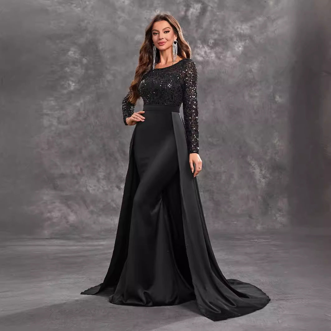 Robe de soirée de bal pour femmes, paillettes, manches longues, col rond, Sexy, élégante, noire, robe formelle