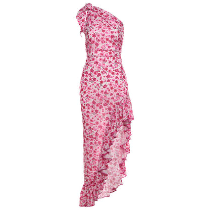 Robe d'été à épaules obliques et à petites fleurs pour femmes, tenue sexy à nouer et à fente latérale