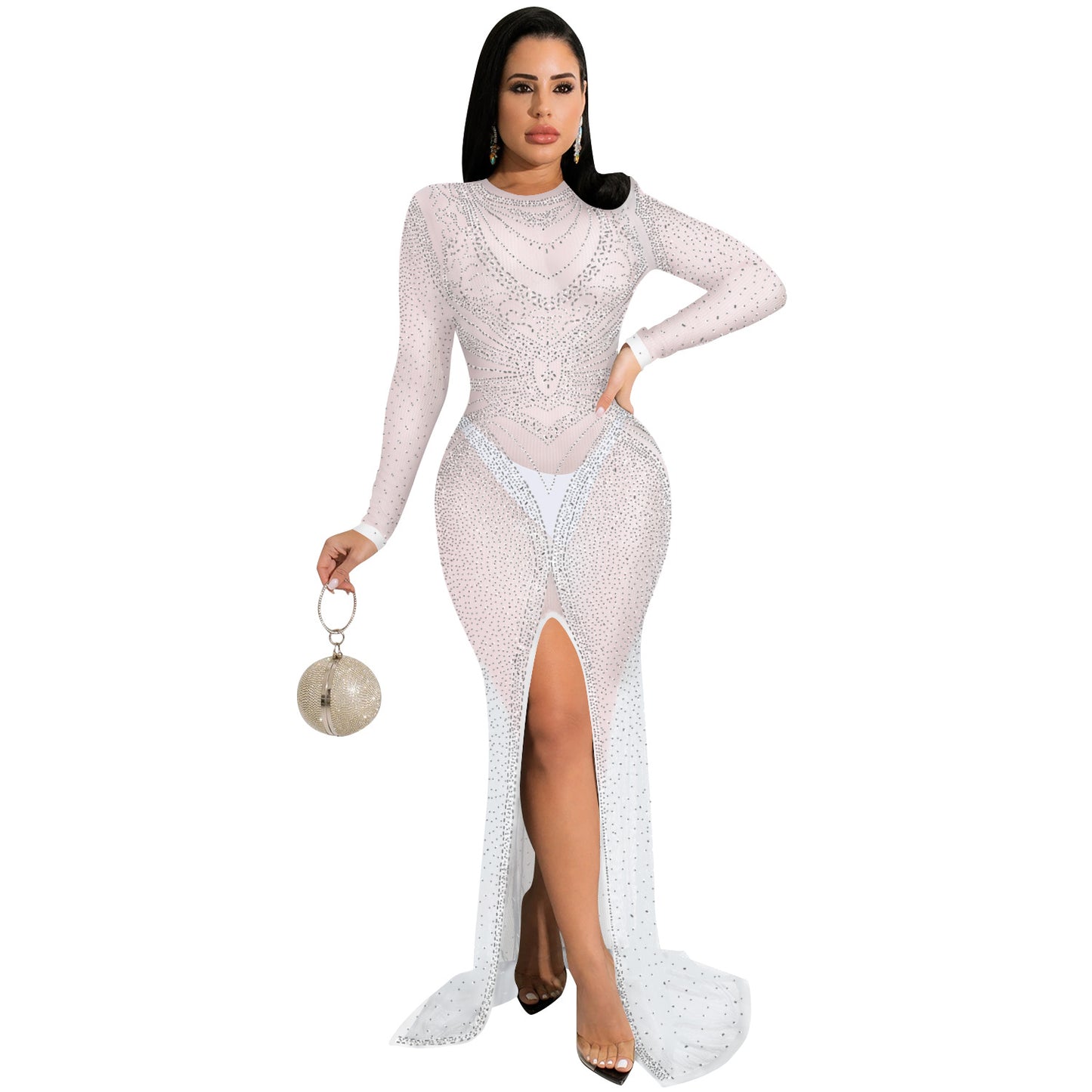 Nightclub Rhinestone Women Clothing Mesh See Through Long Sleeve Split Maxi Dress Women