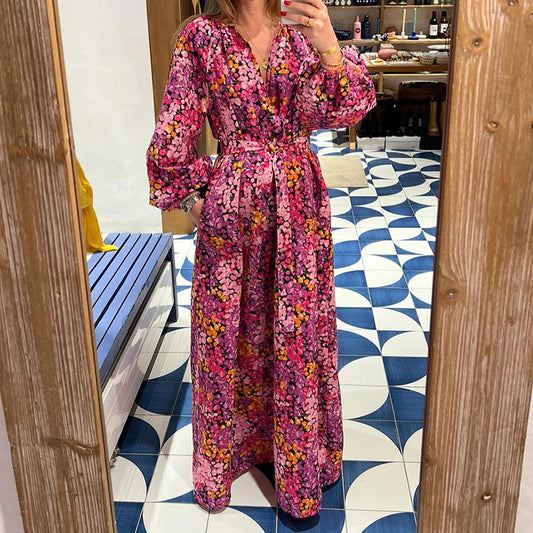 Ropa de mujer de otoño Vestido de longitud media bohemio estampado de manga larga