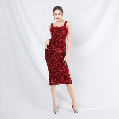 Dress Craft Order Ostrich Plush Bottom Sequined Evening Dress