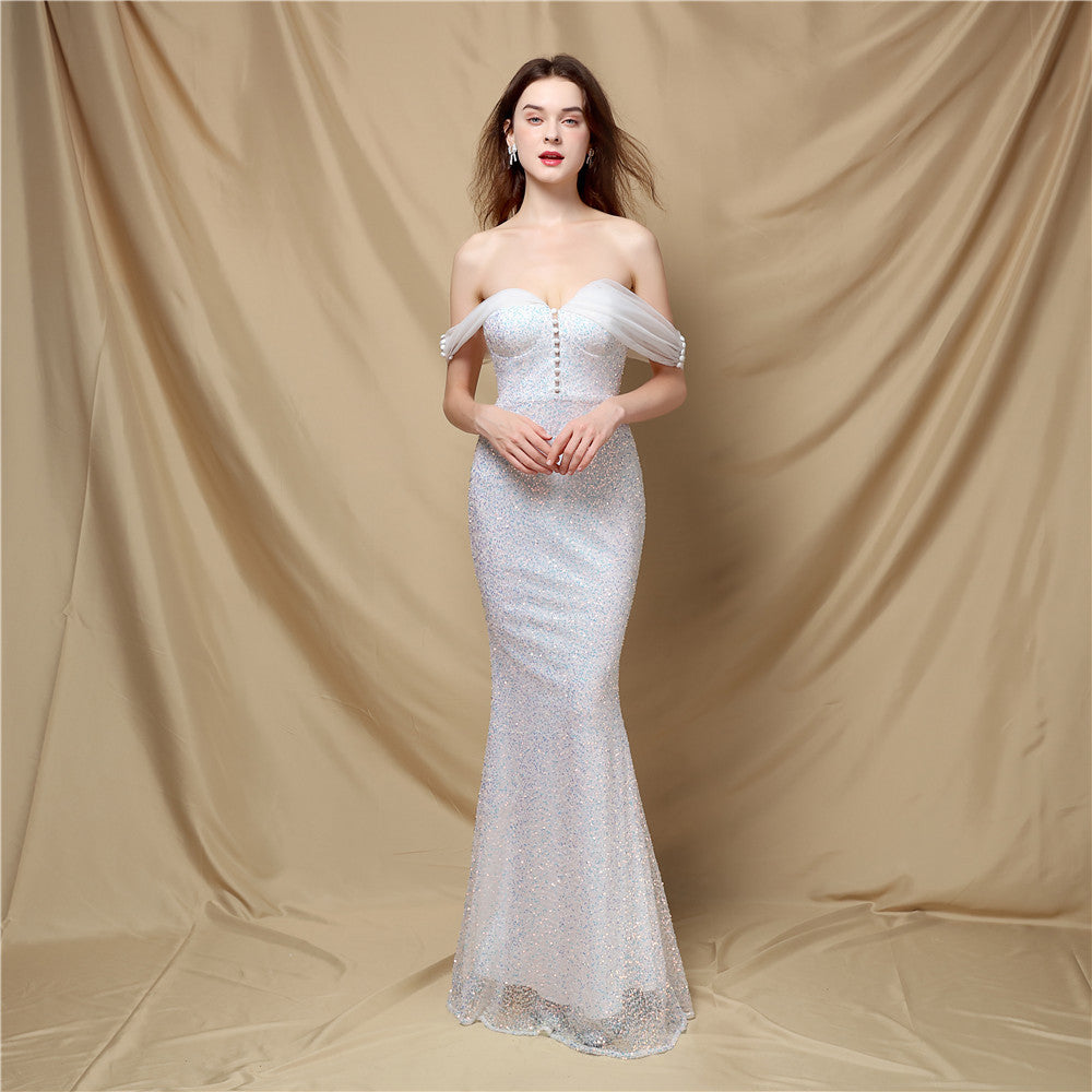 Classic off Shoulder Fishtail Evening Dress for Women Elegant Cocktail Annual Meeting Elegant Velvet Queen